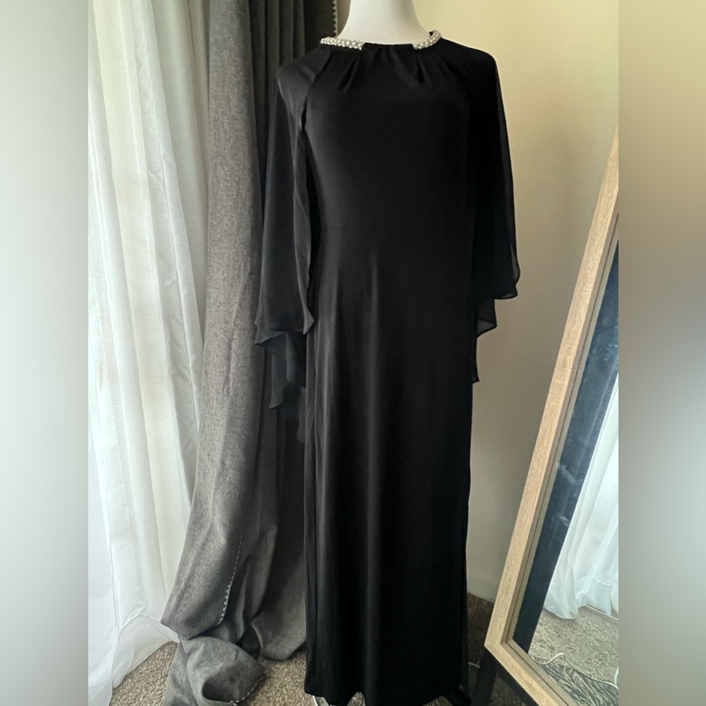 Black Cape Gown. Pearls Beaded neckline